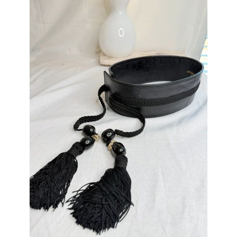 Vtge Uterqüe Archival Black Genuine Leather Corset Belt with Statement Tassels
